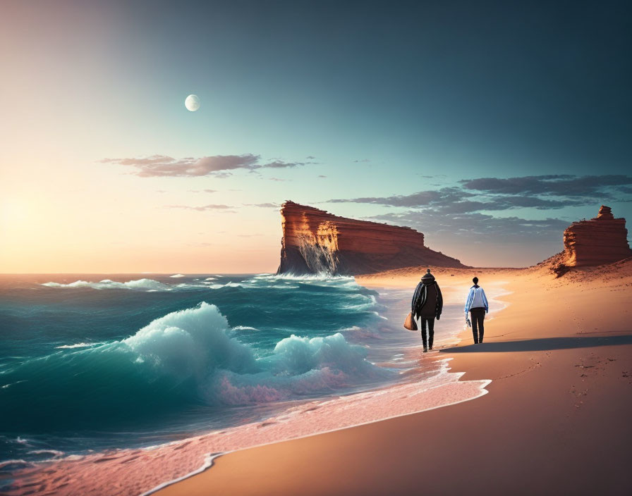 Beach scene with two people, waves, rock formation, and moon in the sky