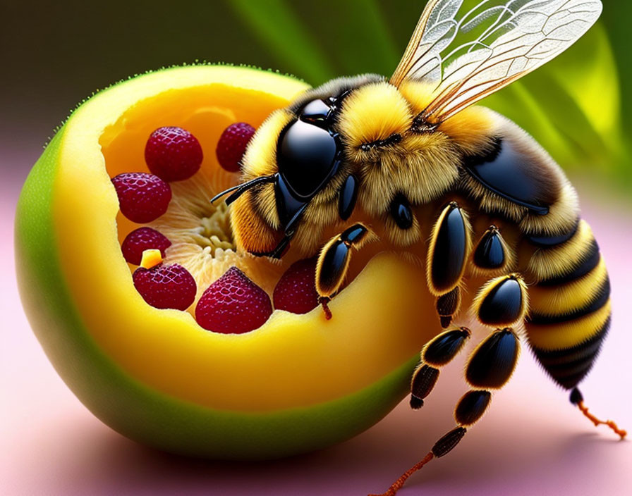 Hyper-realistic Illustration: Bee on Halved Passion Fruit with Raspberries, Pink Background