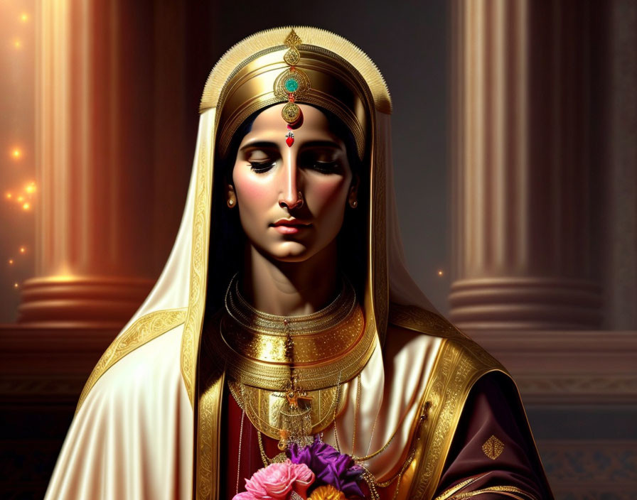 Regal person with golden headgear and jewelry holding pink flowers, surrounded by lit candles and columns.