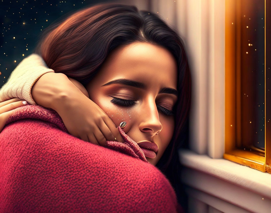 Woman with tears gazing out window under starry night sky