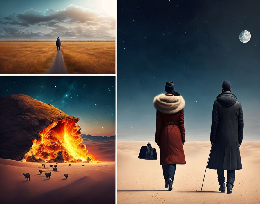 Collage of person on desert road, moonlit night, animals watching lava, couple under stars