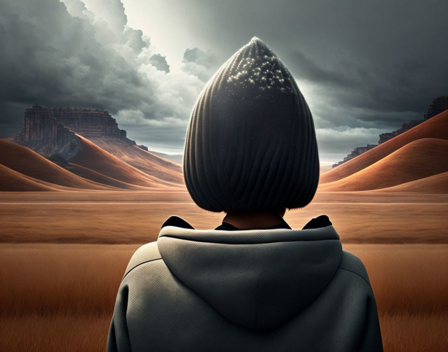 Person in beanie and jacket gazes at surreal desert landscape with star-filled sky reflected.