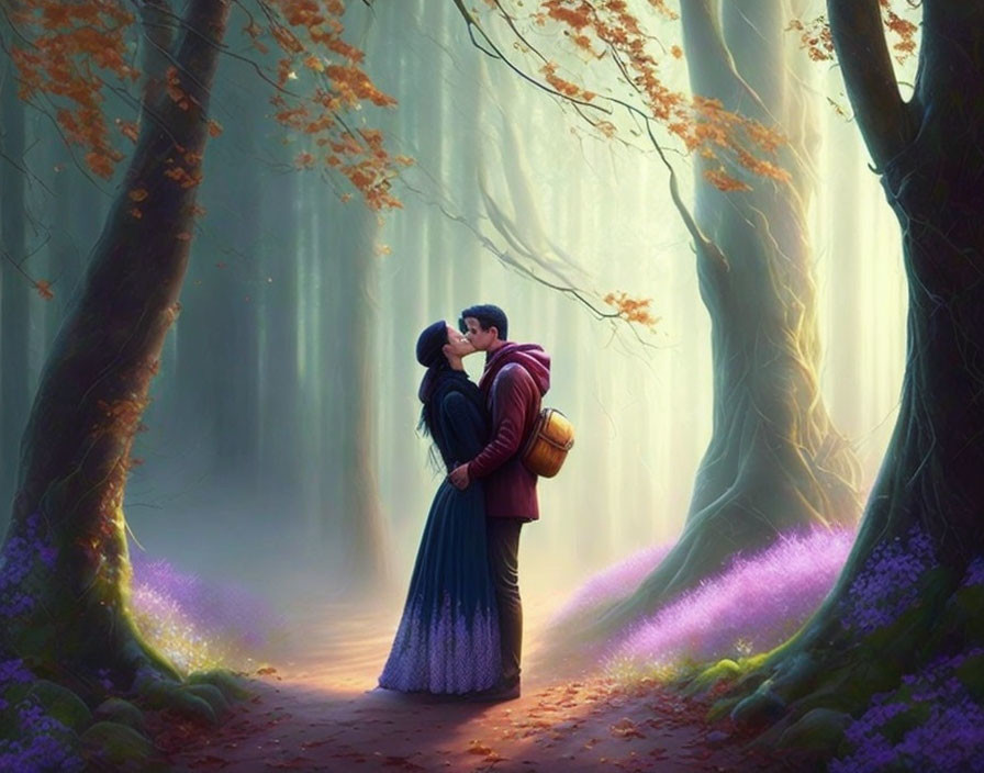 Romantic Couple Kissing in Enchanting Forest with Golden Leaves