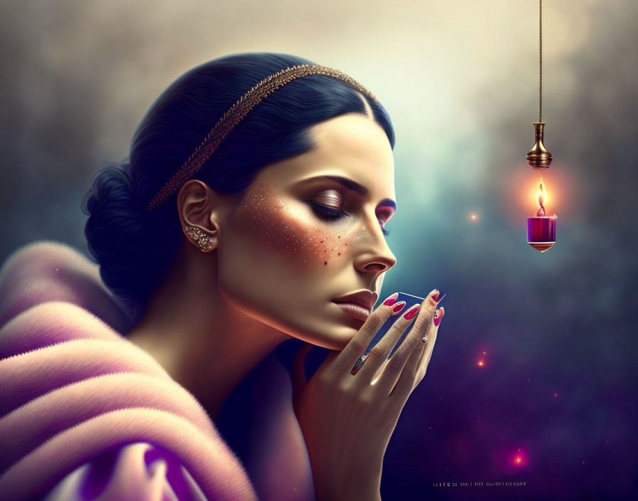 Digital artwork: Woman with jewelry admiring floating candle in mystical setting