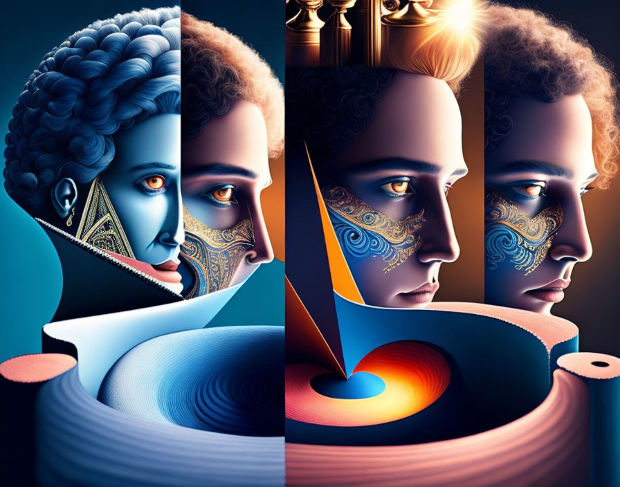 Four stylized faces with intricate patterns and abstract shapes on surreal background