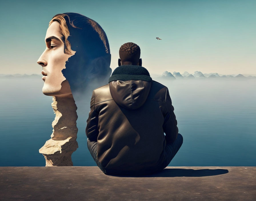 Person sitting near large sculpted face profile by tranquil sea