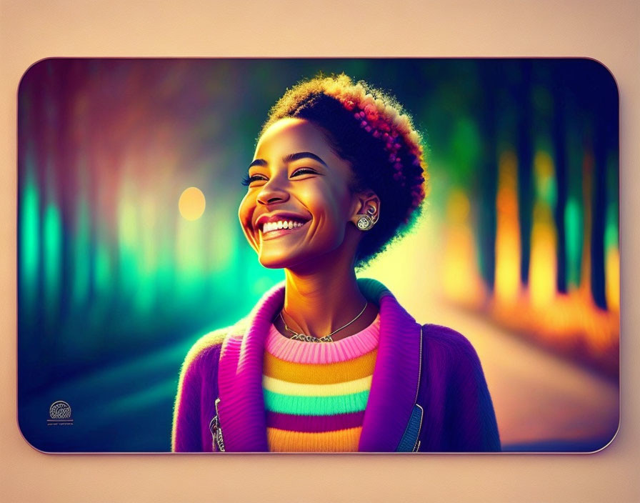 Smiling woman with afro in striped shirt and purple jacket