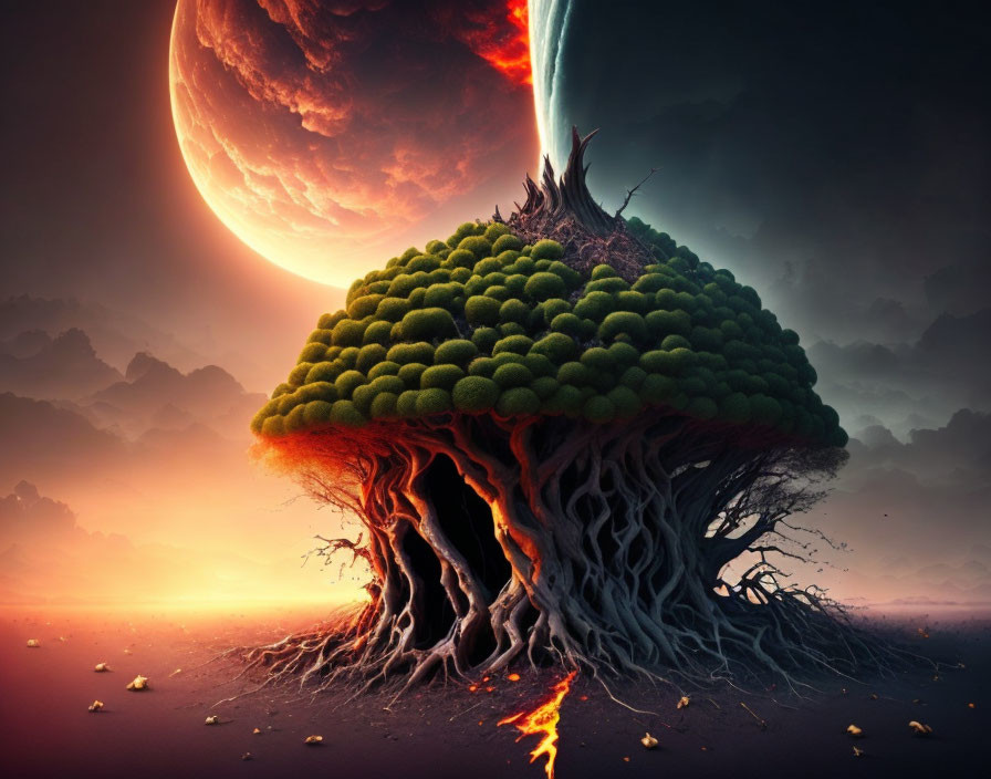 Fantasy landscape featuring large tree, lush foliage, massive planet, fiery sky trail, alien twilight horizon