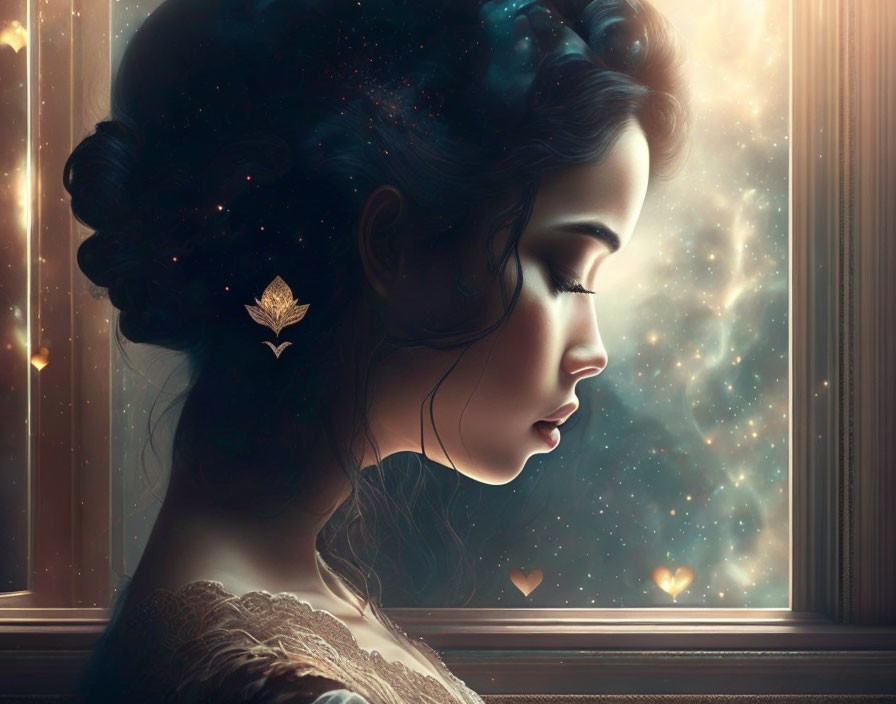 Profile portrait of woman with dark hair and leaf pin, gazing at starry sky through window.