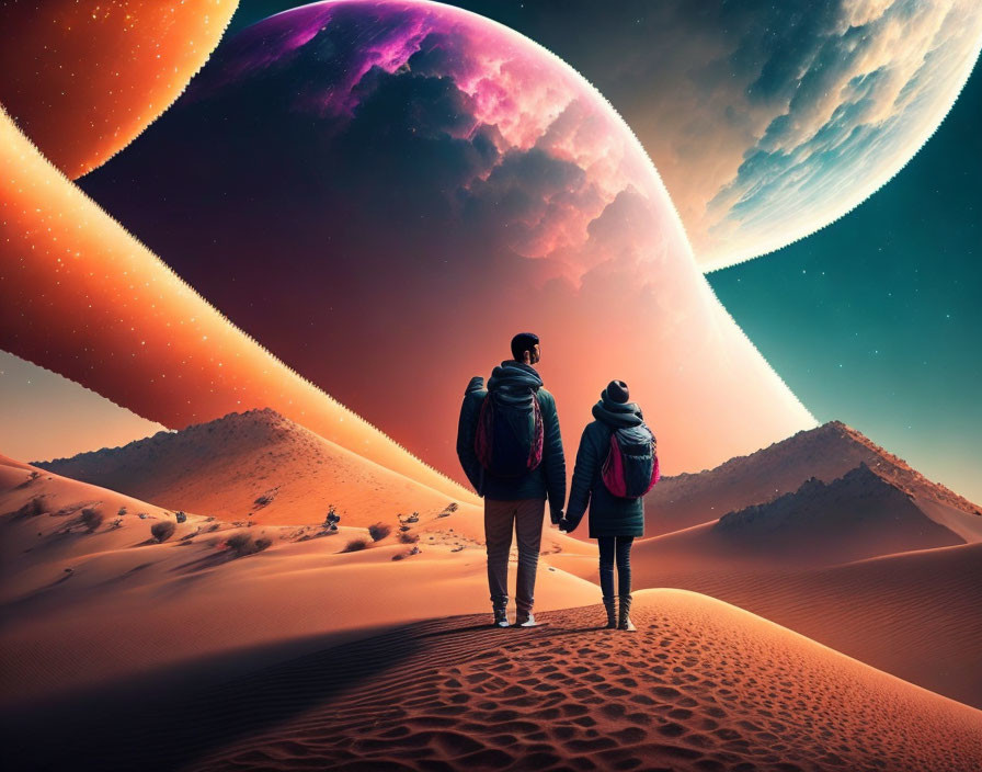 Two people on sand dune admire surreal close-up of planets in starry sky