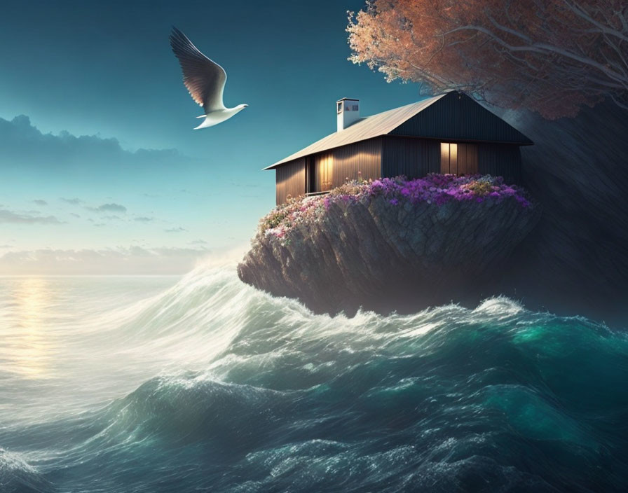 Cliffside house with crashing waves and bird in twilight