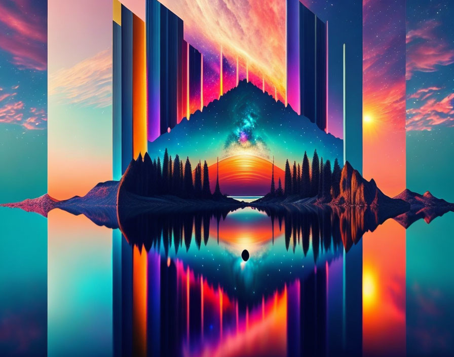 Colorful digital artwork: Mountain landscape, mirrored lake, abstract shapes, cosmic sky.