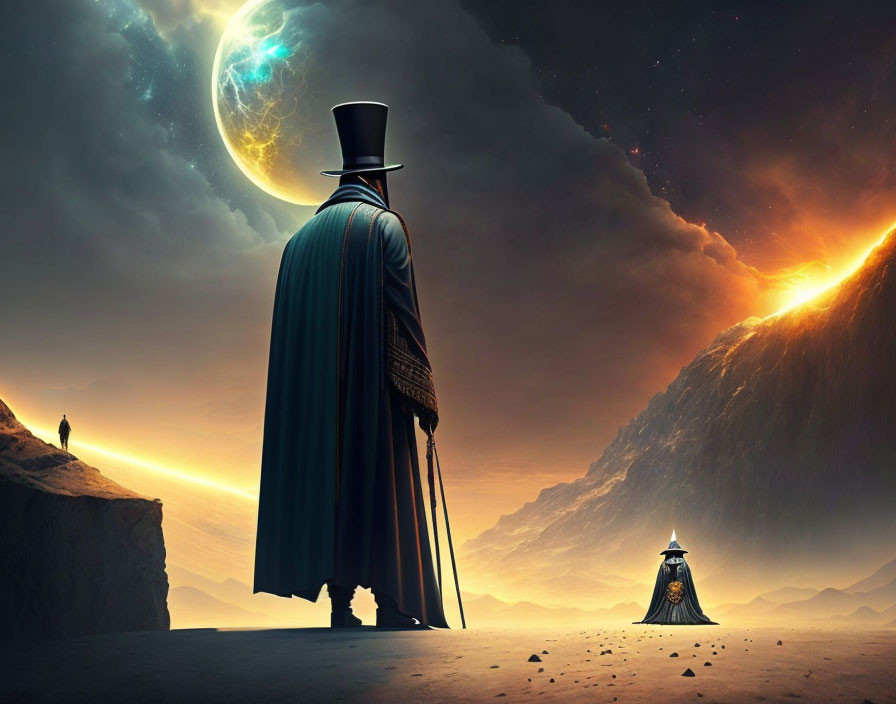 Figure in Top Hat and Cape on Surreal Landscape with Lantern, Planet, and Comet