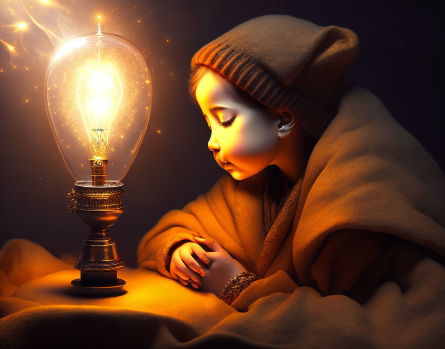 Child wrapped in warm blanket gazes at glowing light bulb