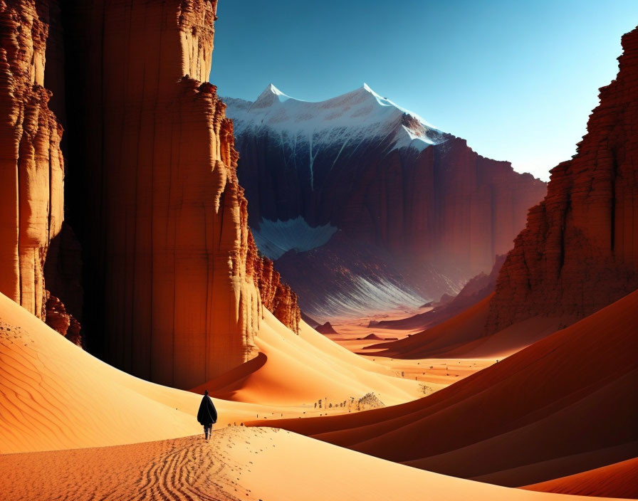 Person walking in vast desert with sandy cliffs and snow-capped mountain.