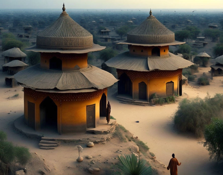 Traditional mud houses with conical thatched roofs in desert village setting.