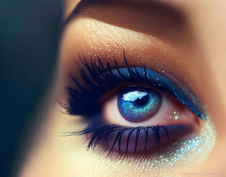 Detailed Close-up of Vibrant Blue Eye with Dark Eyelashes and Subtle Eye-shadow