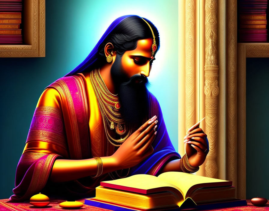 Serene Bearded Figure in Traditional Indian Attire Reading Sacred Text