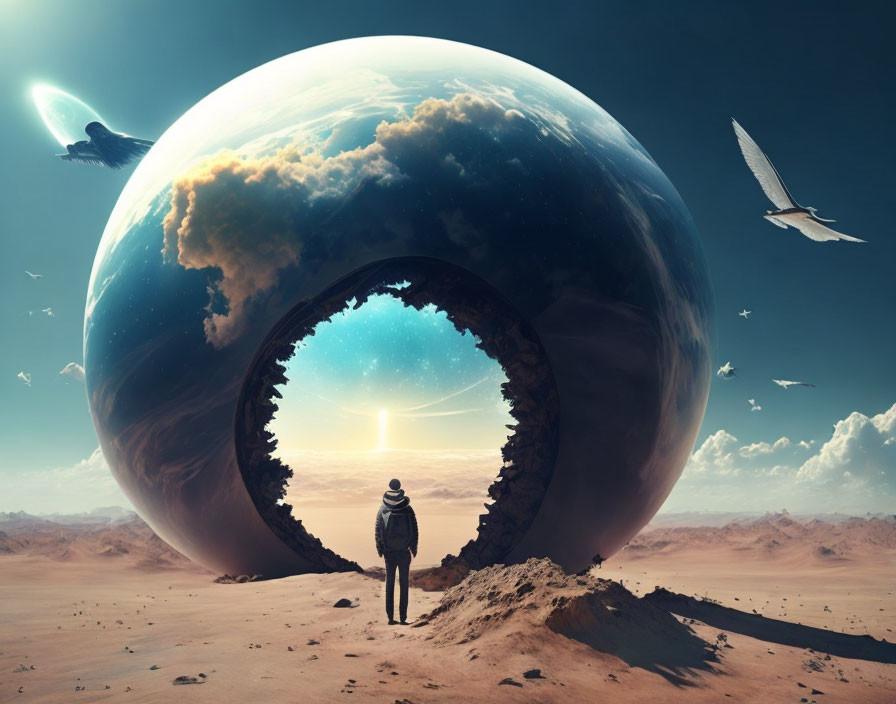 Person in desert views massive hollow sphere with contrasting skies and birds.