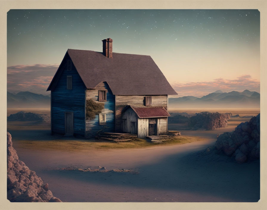 Blue wooden house in desert twilight with stars and mountains