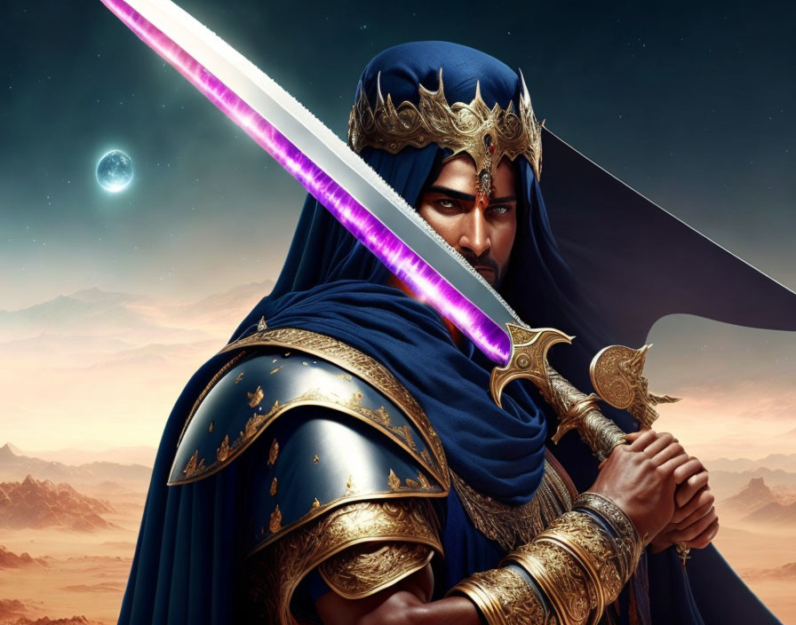 Regal warrior in blue armor wields glowing purple sword at dusk