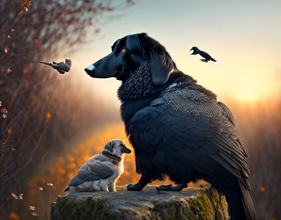 Surreal image: dog with black feathers like a bird, small bird on paw, another flying