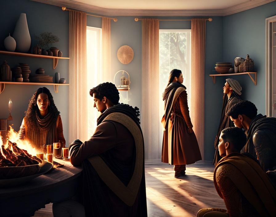 Room with six people in medieval setting, some dining at table, one by window with sunlight.