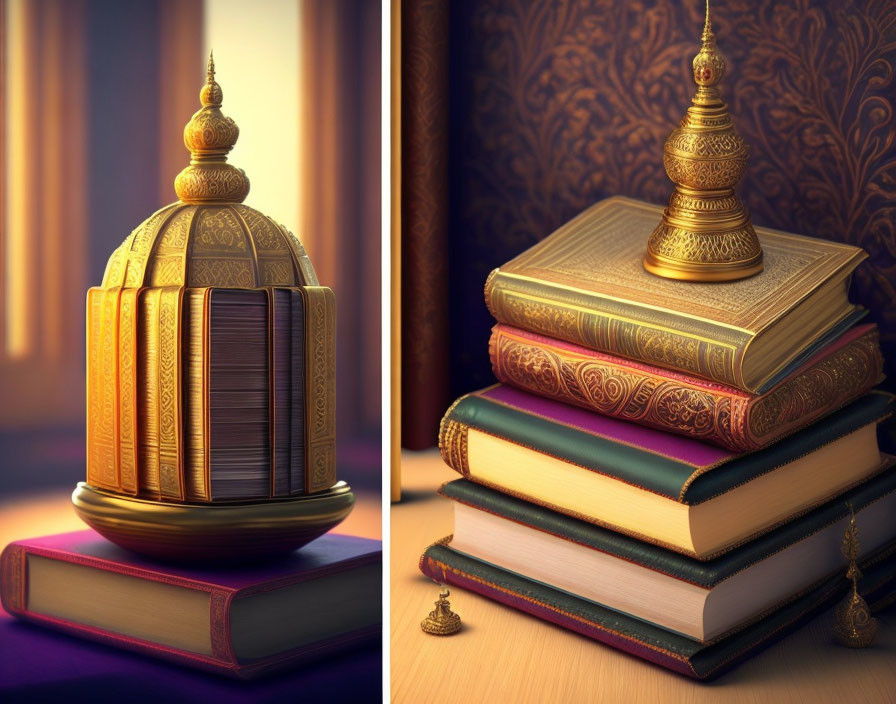 Golden cage on ornate books near window with warm light