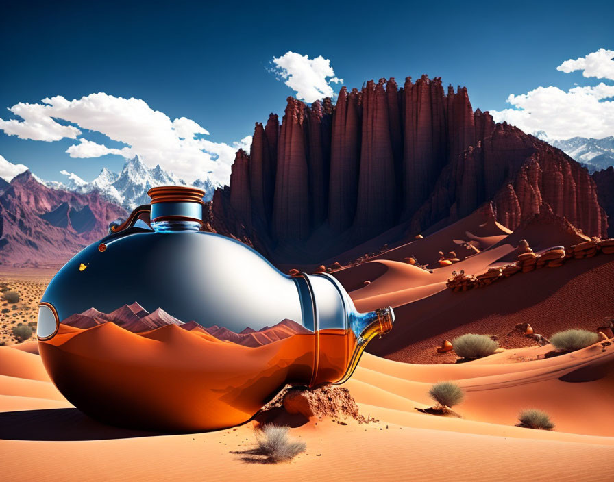 Shiny round flask in desert with red rocks and dunes