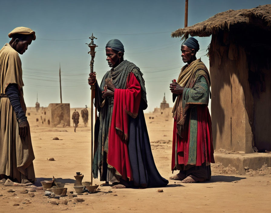 Three individuals in traditional attire with earthen pots in a sandy village.