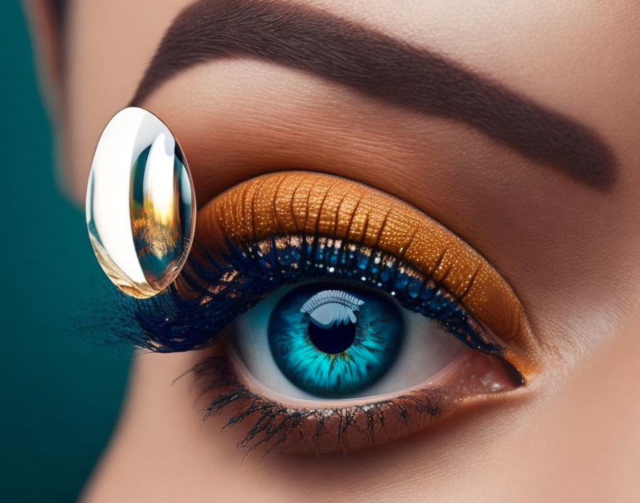 Close-up of Woman's Blue Iris with Vibrant Orange Eyeshadow