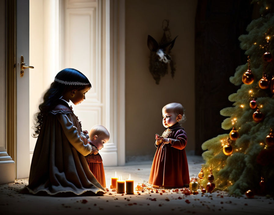 Children in vintage attire by Christmas tree with candles and deer head mount