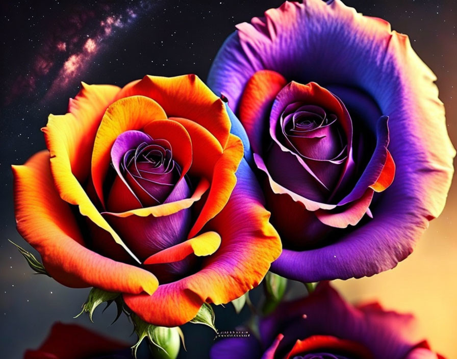 Vibrant orange-yellow and purple roses on cosmic starry backdrop