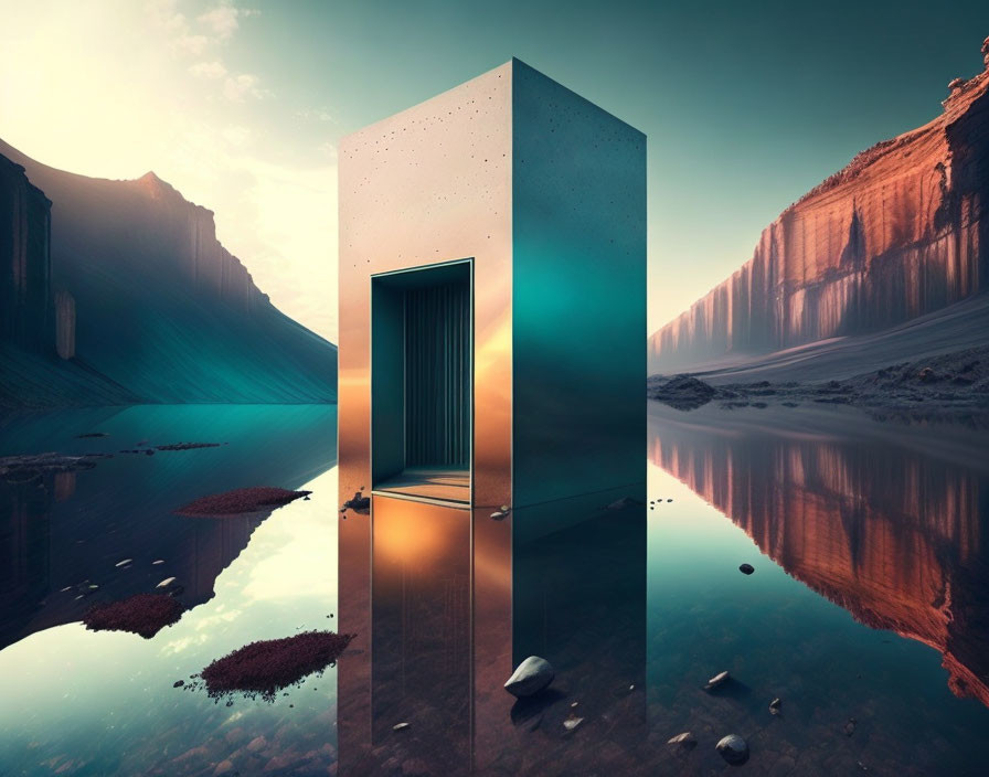 Surreal landscape: reflective monolith, open door, red rock cliffs, tranquil lake, warm