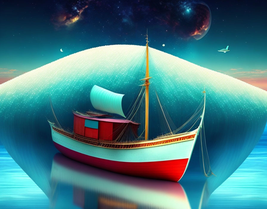 Colorful digital artwork: sailing ship on surreal ocean with cosmic backdrop