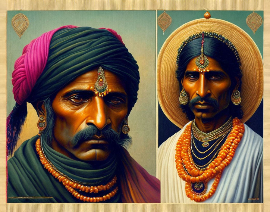 Traditional Indian Attire: Two Men with Turbans and Jewelry