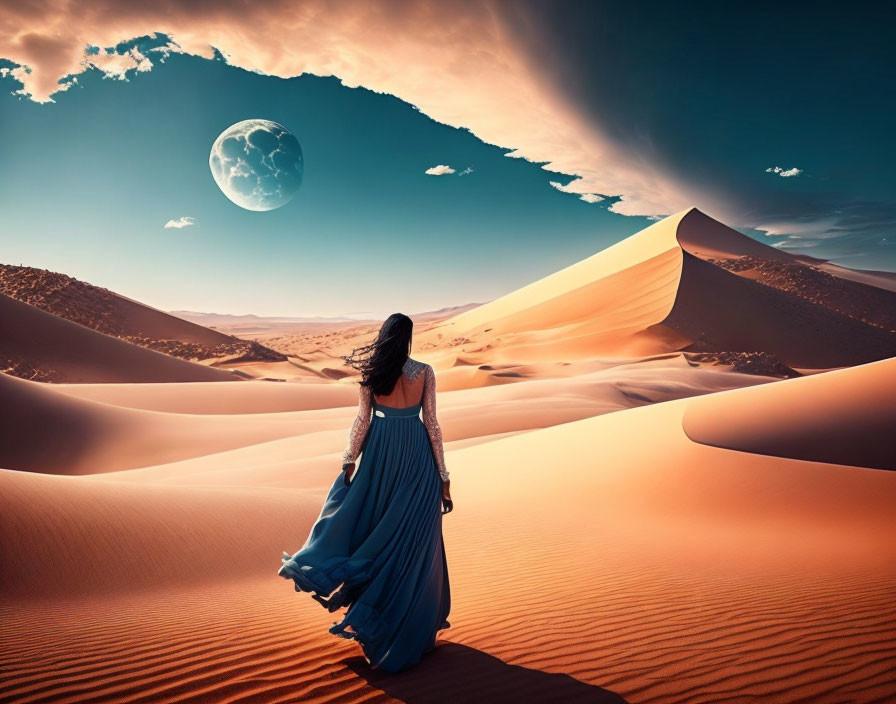 Woman in Blue Dress Walking in Surreal Desert Landscape