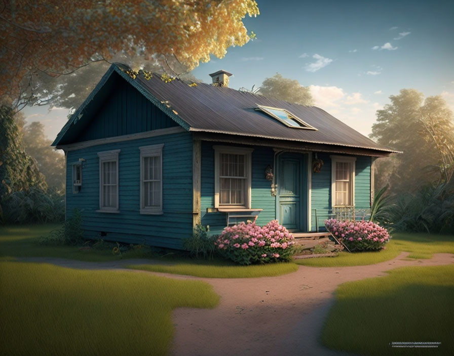 Blue Wooden Cottage with Front Porch in Twilight Setting