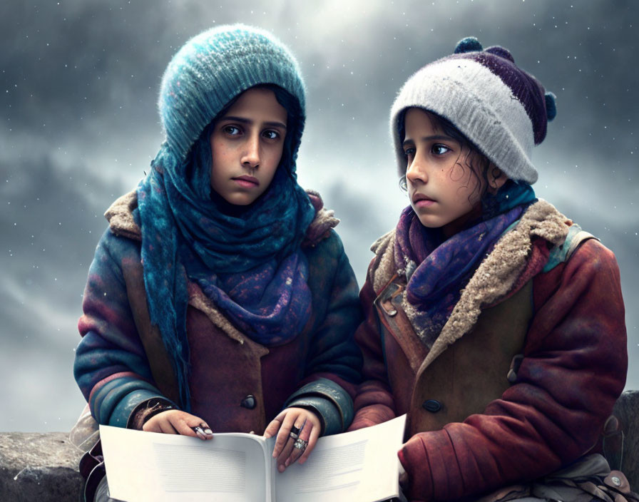 Two children in winter clothing and knit hats sitting with a book under a snowy sky