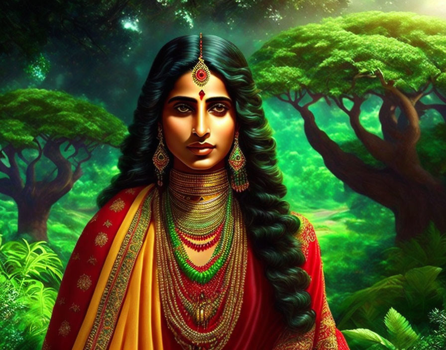 Illustration: Woman in Indian attire with long hair in forest setting