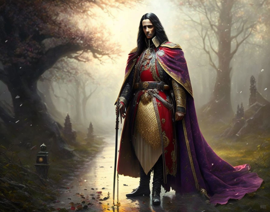 Majestic figure in red and gold cape with sword in misty forest among ruins and lanterns