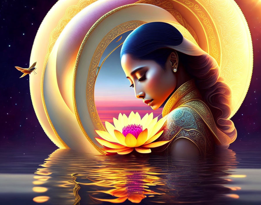 Woman with traditional adornments admiring lotus flower in twilight sky