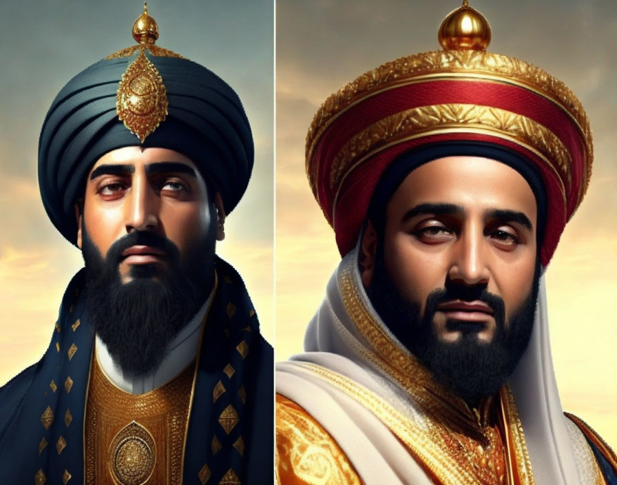 Stylized portraits of men in royal attire against golden sky.