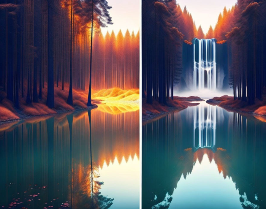 Split-image of serene forest and waterfall with reflections in still water