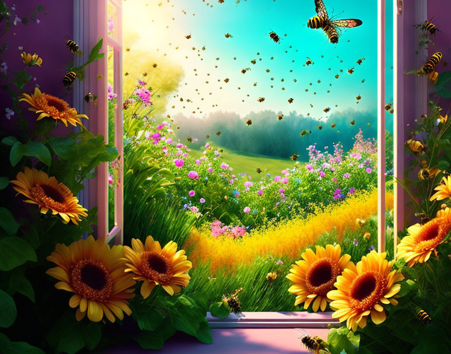 Vibrant meadow scene with sunflowers and bees under a sparkling sky