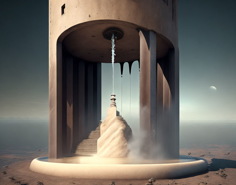 Surreal desert landscape with massive cylindrical structure