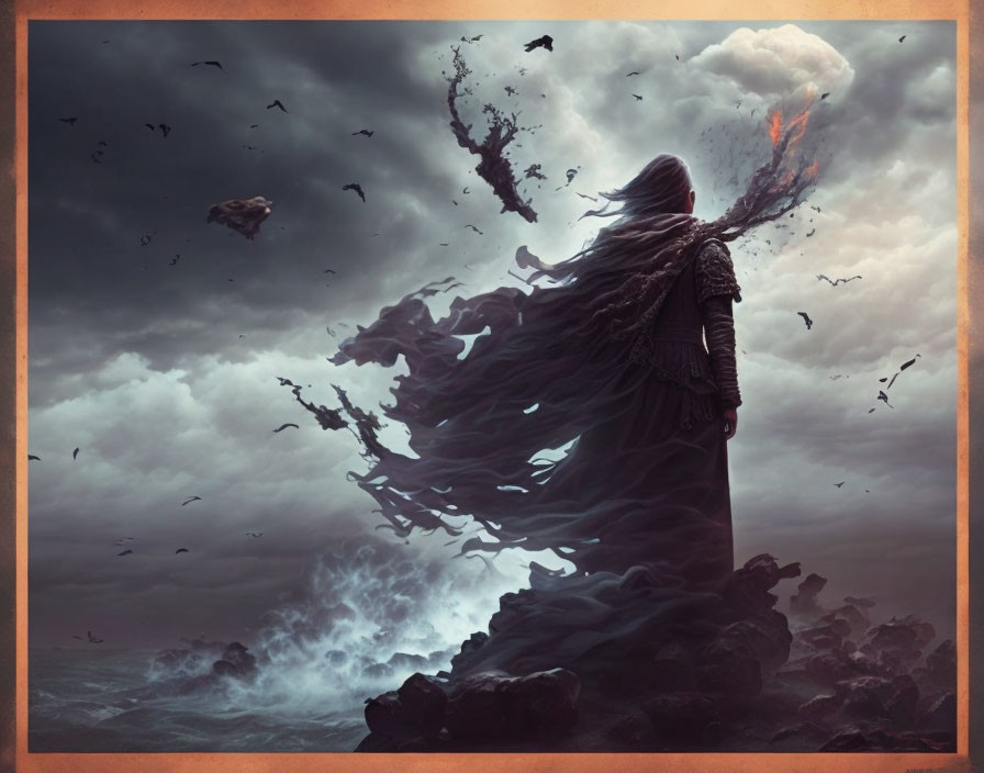 Cloaked figure on rocky terrain gazes at surreal stormy sky