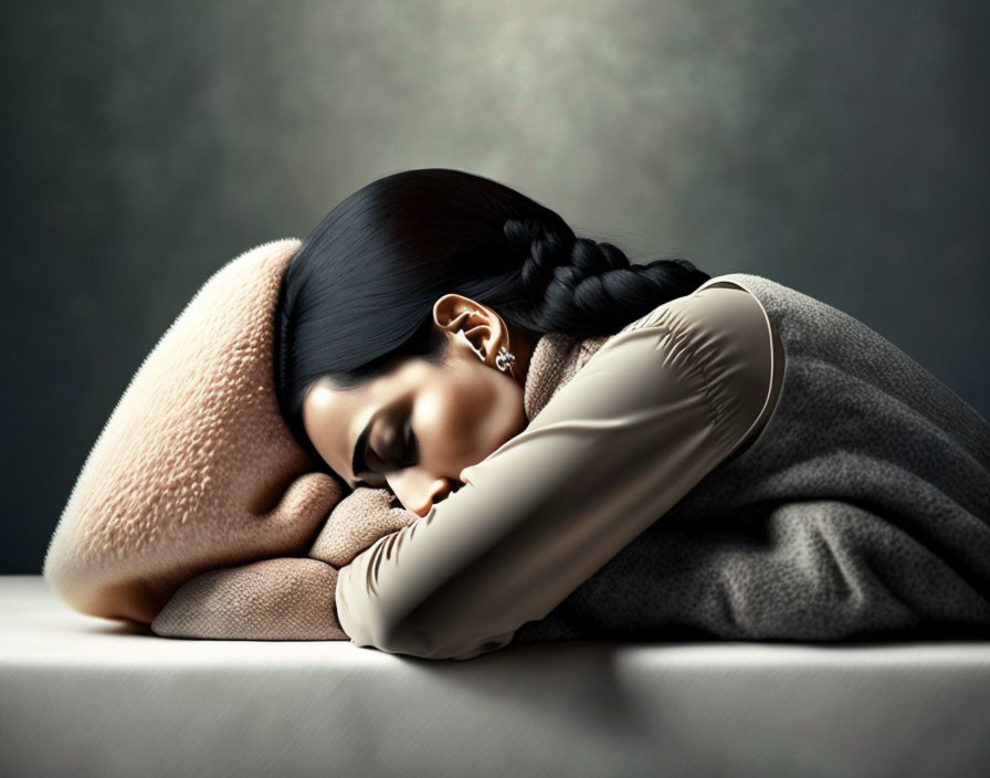 Dark-haired woman in braid resting head on arms on cushioned surface.