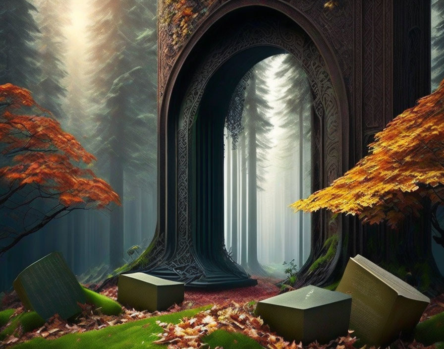 Enchanting forest scene with open doorway, misty area, autumn trees, and scattered books