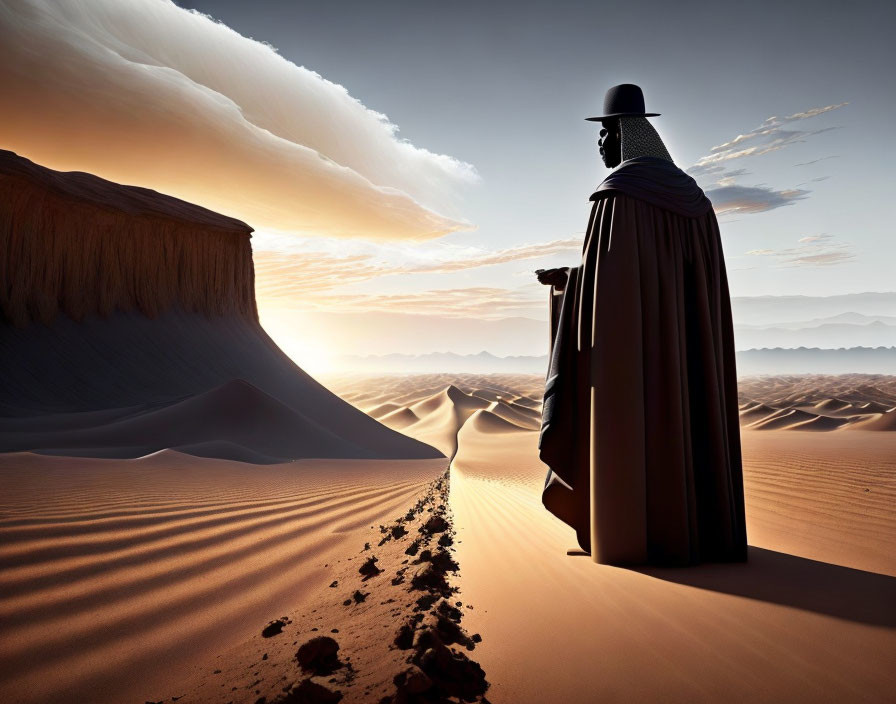 Cloaked figure in desert at sunset gazes at dramatic horizon.